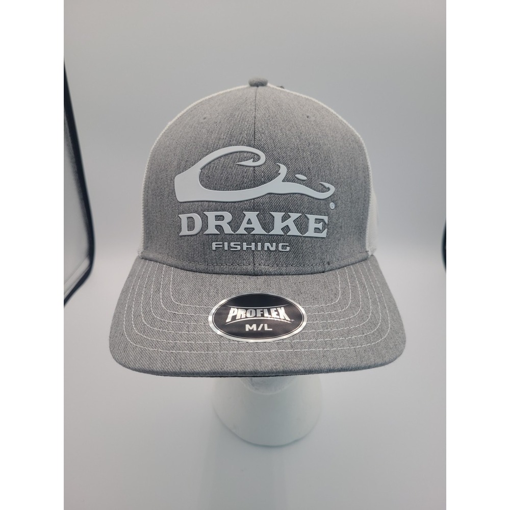 Drake Performance‎ Fishing Hat Grey White Mesh Back Proflex M/L Trucker Cap NWT